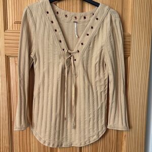 Free People Beige Lace-Up Blouse